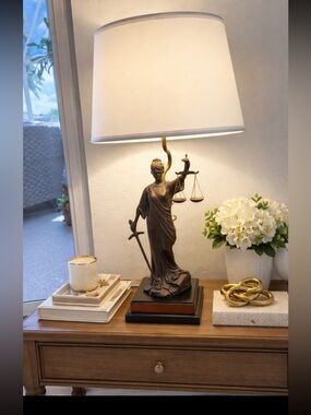 Vintage Bronze Lady Justice Figural Sculpture Table Lamp by Leviton